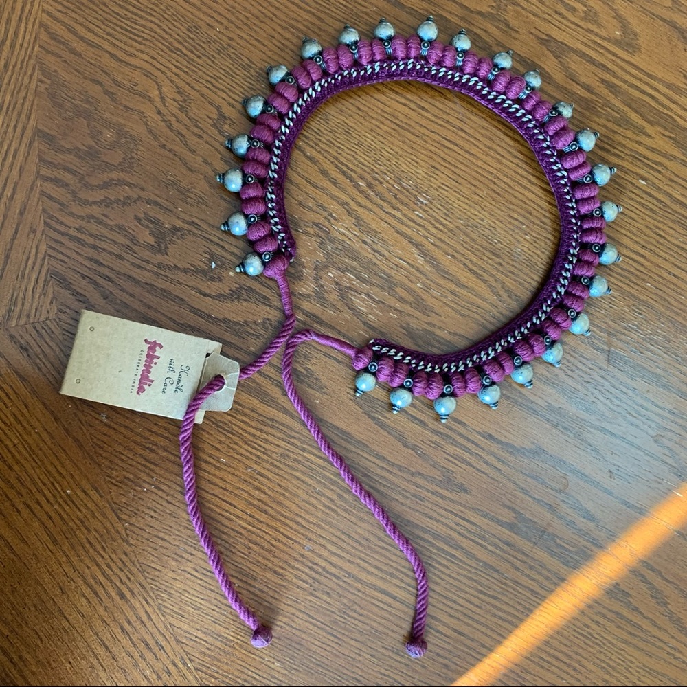 Fabindia Silver-tone Metal and Maroon thread artisan CHOKER NECKLACE. NWT